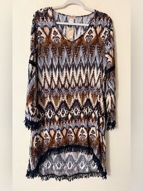 Scully High/Low Bell Sleeve Fringe Boho Shift Dress in Blue, Brown & Cream, M